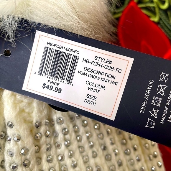 Brand New French Connection Pom Beanie Cable Knit Hat Light Cream Silver Studded main image 10